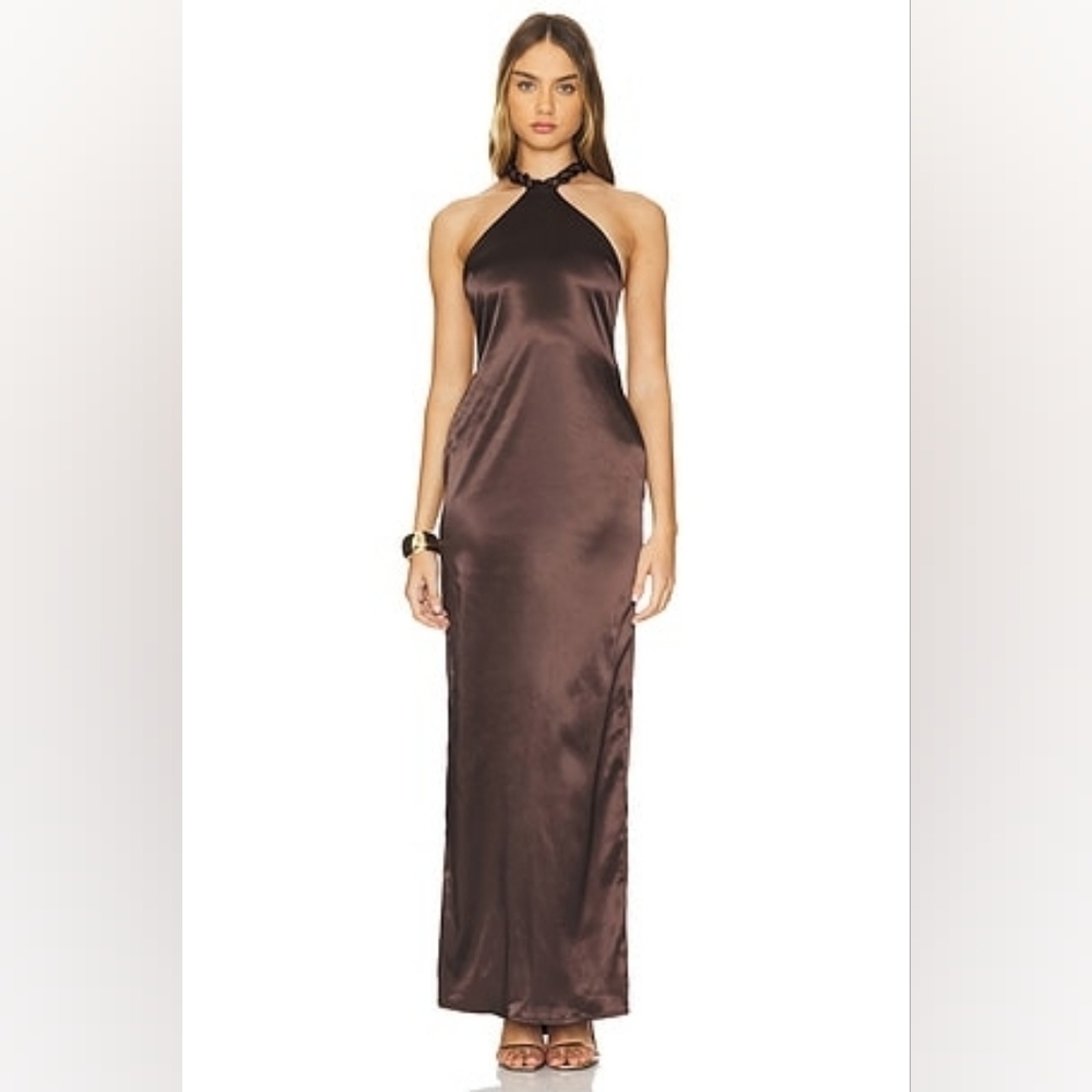 NWT $430 KHANUMS Satin Halter Maxi Dress In Brown Revolve Small